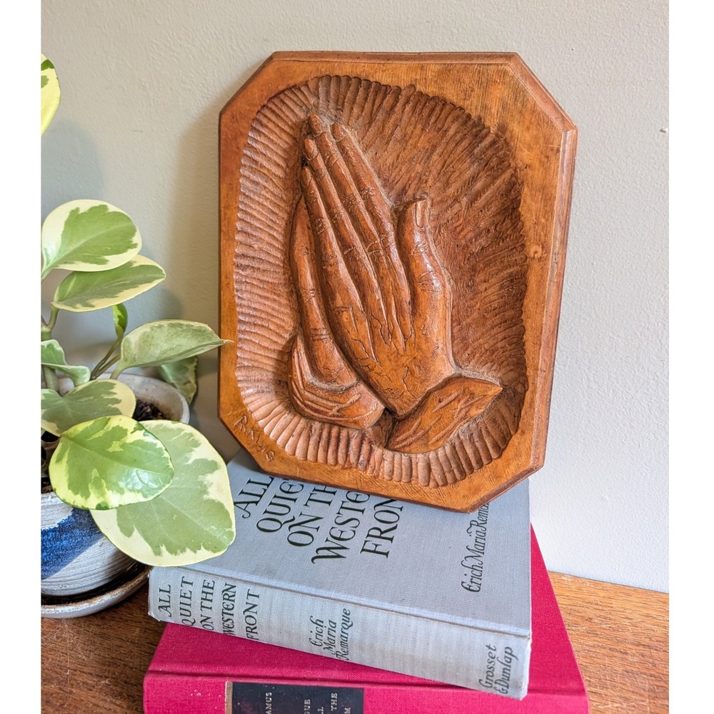 Vintage Hand Carved Wood Praying Hands Wall Plaque Signed R. King Religious Art